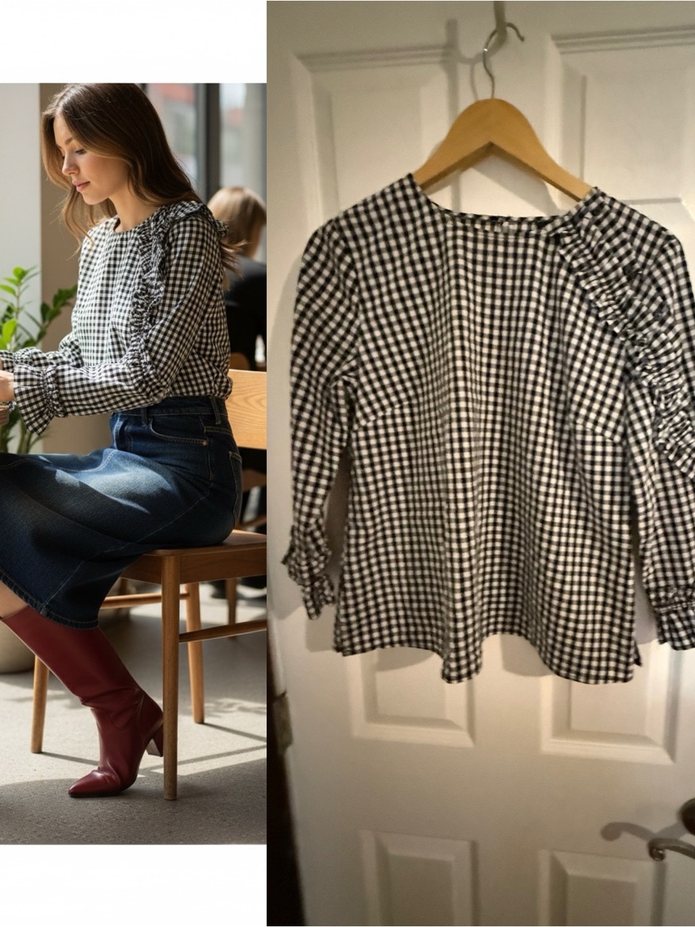 Halogen Black & White Gingham Ruffle Blouse Size Small
